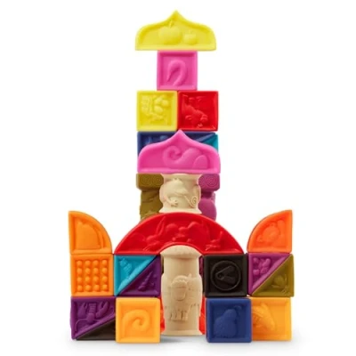 Image of B. toys Elemenosqueeze Baby Blocks 26 Stacking with Shapes Numbers, Animals &amp; Textures BPA Free Soft for Babies 6m+ (26 Pcs)