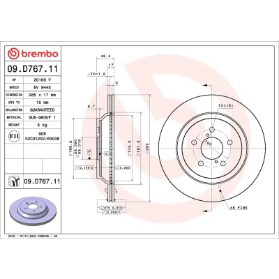 Image of 26700FL000, 26700SJ000 Brake disc BREMBO 09.D767.11 285mm 17mm 5 internally vented Coated SUBARU: XV II