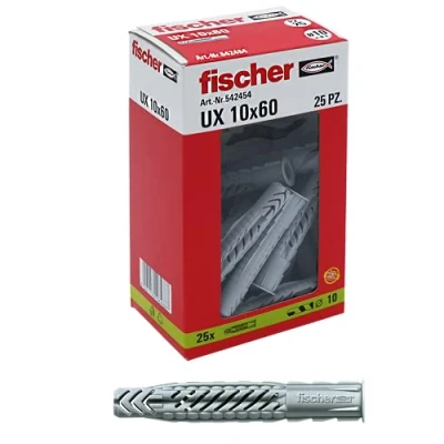 Image of fischer 25 dowels UX, 10 x 60 mm, for Wall, Perforated Brick, plasterboard, 542454, Gray, Set of Pieces