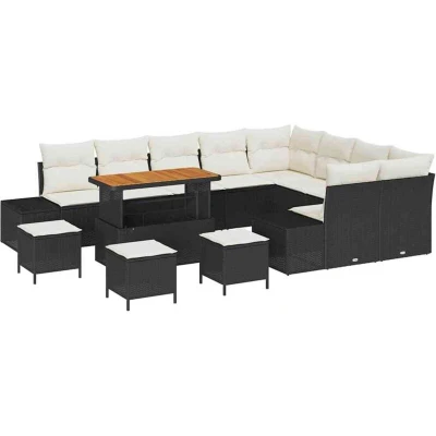 Image of vidaXL 13 Piece Garden Sofa Set with Cushions Black Poly Rattan Acacia