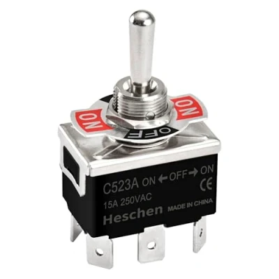 Image of Heschen Metal Toggle Switch, C523A, DPDT, Maintained, ON/OFF/ON 3 Position, 15A 250VAC, 6 Tab Terminal, CE