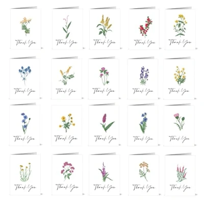 Image of 20 Wildflower Watercolour Thank You Cards with white envelopes