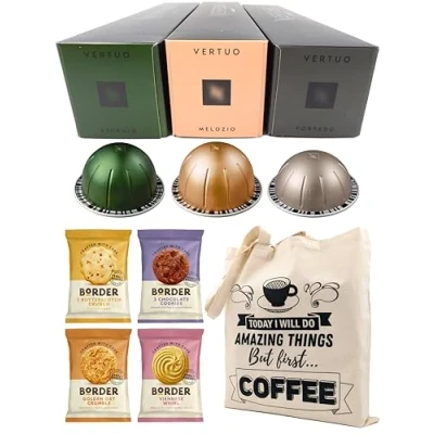 Image of Nespresso Vertuo Coffee Capsules Stormio, Fortado, Melozio 3 Boxes (30 Pods) Bundled with Border Biscuits &amp; Giftable Tote Bag