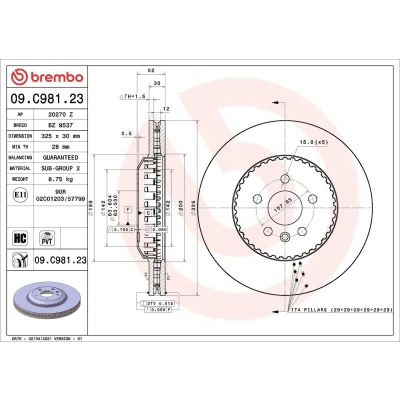 Image of LR115005, LR161907 brake disc BREMBO 09.C981.23 325mm 30mm 5 internally vented, two part Coated High carbon LAND ROVER: Discovery Sport