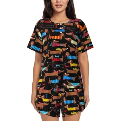Image of JBYJBX I Love My Dog Dachshunds Women&#039;s Pajamas Set, Cotton Short Sleeve Sleepwear Top Shorts Pjs Sets Soft Loungewear, Black, S