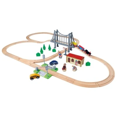 Image of Eichhorn 100006204 Railway Set with Bridge, 55 Pieces, 500 cm Track Length, FSC Certified Beech Wood, Can be Installed Other Rail Systems
