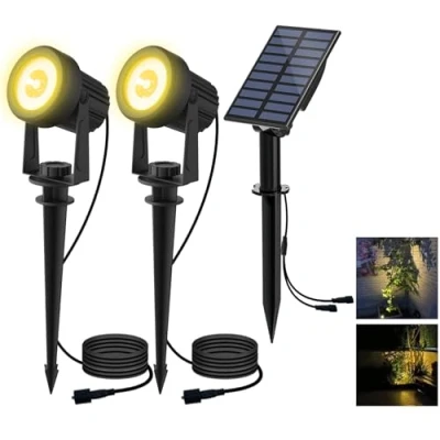 Image of T SUN 2W Solar Spotlights, IP65 Waterproof 9.8ft Cable Lenght 270 Angle Adjustable Auto On/Off with 2 Warm White Dual Spot Headlamp Garden Lamp Landscape for Tree,Patio, Yard, Garden.