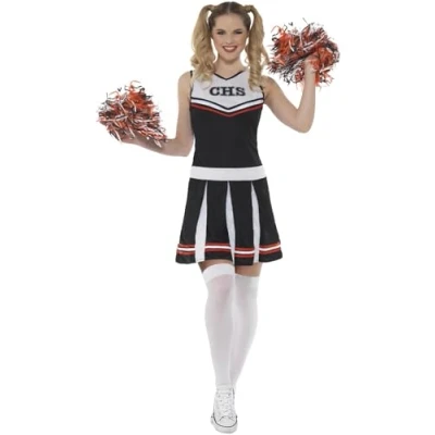 Image of Smiffys Cheerleader Costume, Black with Dress &amp; Pom Poms, Icons Idols Fancy Dress, Adult Up Costumes