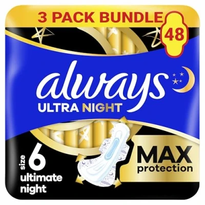Image of Always Ultra Sanitary Towels Secure Ultimate Night (Size 6) with Wings 3 x 16 Pads, Super Absorbent and Thin, for Menstrual Periods