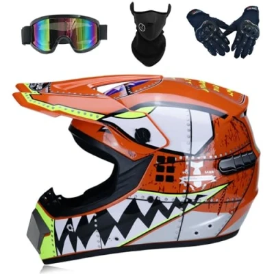 Image of HKFBHFKM Motocross Motorcycle Cross Helmet with Gloves Mask Goggles, Youth Kids Dirt Bike Helmets, Off Road Crash Protective Gear(Orange,S(52 53cm))