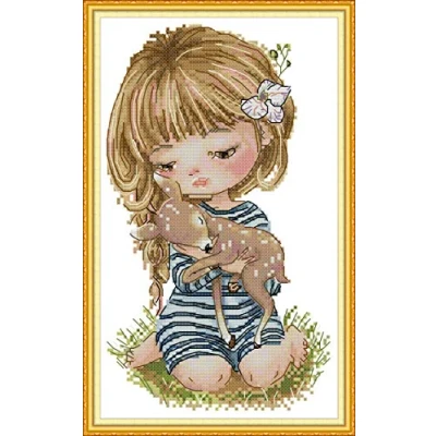 Image of Cross Stitch Kits Stamped, OWN4B Girl Holding a Fawn Printed Pattern 11CT 9.1x14.6 inch DIY Embroidery Kit (Girl 1)