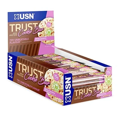 Image of USN Trust Cookie Bar, White Chocolate &amp; Raspberry Protein Cookie: High Bars, Perfect On the Go Post Workout Snacks (12 x 60g Bars per Pack)