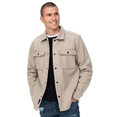 Image of ONLY &amp; SONS Men&#039;s Onsash Ovr Woolen Look Pkt LS Shirt Noos Long Sleeve, Chinchilla, XS