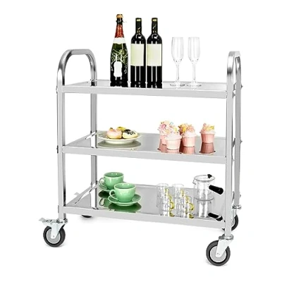 Image of QWORK® 3 Tier Kitchen Trolley Serving Cleaning 29.5&quot; x 16&quot; 33&quot; 201 Stainless Steel Quiet Wheels with Brakes