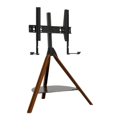 Image of AVF Hoxton TV Floor Stand With Soundbar Mount Included Free standing Tripod Unit, Solid Dark Wood Legs, Black Glass Shelf, For TVs 32&quot; to 70&quot;