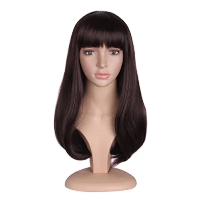 Image of MapofBeauty Flat Bangs and Straight Hair Slightly Curled Wig (Dark Brown)
