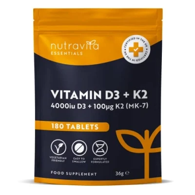 Image of Vitamin D3 4000 iu &amp; K2 100μg (MK7) 180 Vegetarian Tablets 6 Month Supply High Strength D Supplement for Bones, Muscles Immune System Nutravita