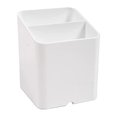 Image of Exacompta Ref 67713D PEN Pot CUBE 74 x 93mm in Size, 2 Compartments for Organising Pens &amp; Pencils, Groove Underneath to Feed Cables Office White