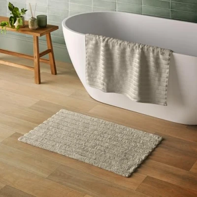 Image of Silentnight Ribbed Cotton Bathmat Natural Super Soft &amp; Absorbent 100% BCI Luxurious Deep Thick Textured Pile Non Slip Base 80 x 50cm Machine Washable,