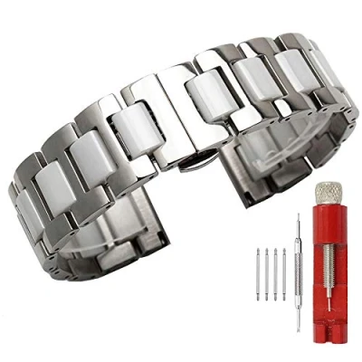Image of Kai Tian 20mm Watch Band for Mens Silver Stainless Steel Straps White Ceramic Wrist Strap Replacement