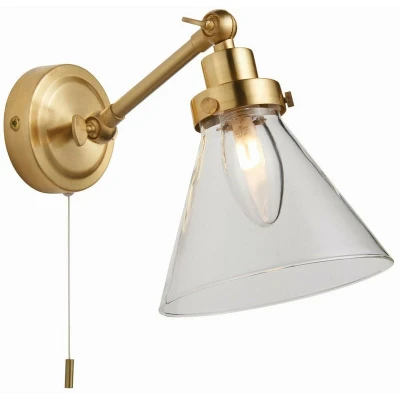 Image of Faraday Bathroom Adjustable Dome Wall Light with Pull Cord Satin Brass Glass Shade