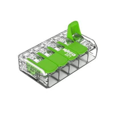 Image of WAGO Green Range Terminal Block 5 Wire, to 4 mm², Splicing Connectors Pole with Lever for All Conductor Types Pluggable, 221 425, 25 pcs