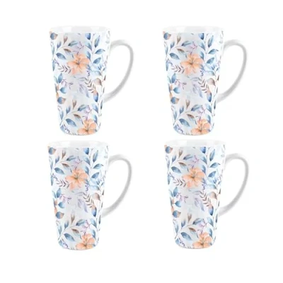 Image of Watercolour Flowers Tall Latte Mugs Set Ceramic Painted Blue &amp; Orange Floral Coffee Cup of 4 Present/Gift