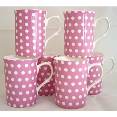 Image of fromeuropewithlove Pink Dots Mugs Set of 6 Fine Bone China Cups Hand Decorated in UK