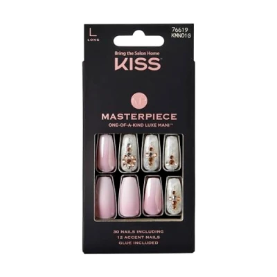 Image of KISS Masterpiece One Of A Kind Luxe Manicure, Kitty Gurl, Long Length Coffin Fake Nails, Includes Nail Glue, File, and 30 Nails with 12 Accent