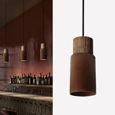 Image of ouglres Pendant Light Rusty Red,Kitchen Island Lights with Durable Metal Lampshade,Height Adjustable,Industrial Natural Wood Hanging Light,Retro Lamp for Dining Room,Living Room,Bedroom,Bar,E27,1pack