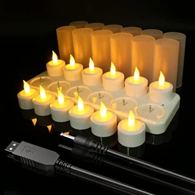 Image of Ymenow Rechargeable Tea Lights Candles, 12pcs Electric Battery Flameless LED Candles Flickering Candle Set with Charging Station, USB Cable &amp; Cups for Room Halloween Christmas Decorations