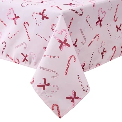 Image of Laura Ashley Decorative Tablecloth, Wrinkle and Stain Resistant, Spillproof Water Repellant, Easy Care Washable Polyester Fabric for Dining, Kitchen, Holiday, Party, 60&quot; x 102&quot;, Pink Candy Cane