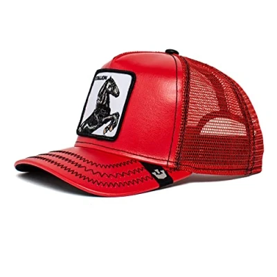 Image of Goorin Bros. The Farm Leather Trucker Hat, Red (Cherry Mustang), One Size