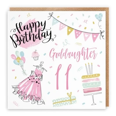 Image of Hunts England Goddaughter 11th Birthday Card Happy 11 Party Collection Fun, Pink Dress, Cake Pretty