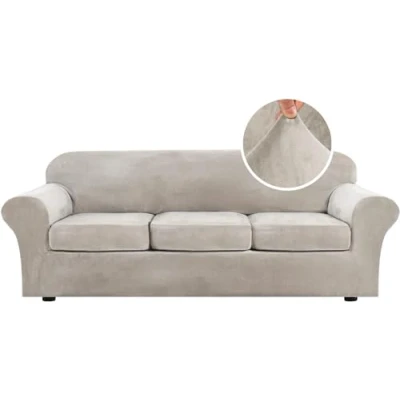 Image of LINGKY Velvet Sofa Cover 3 Seater With Separate Seat Cushion Covers, Stretch Couch Non Slip Slipcovers for Living Room Furniture Protector (Oatmeal,Large Seater)