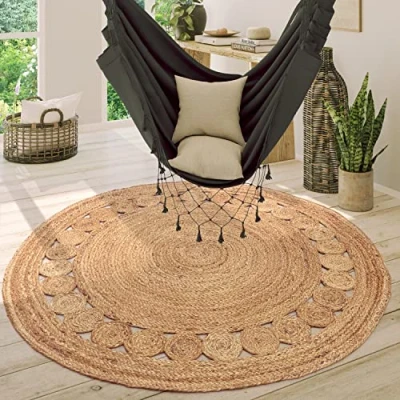 Image of Paco Home Round Rug Living Room Jute Boho Pattern Modern Handmade Natural Rug, Size:Ø 100 cm round, Colour:Nature