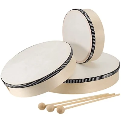 Image of JOIKIT 3 Pack 6, 8, 10 Inch Hand Drum Set, Frame with Beater, Wood Drums Sticks Pre tuned Sheepskin Head Percussion for Music Enlightenment, Instrument