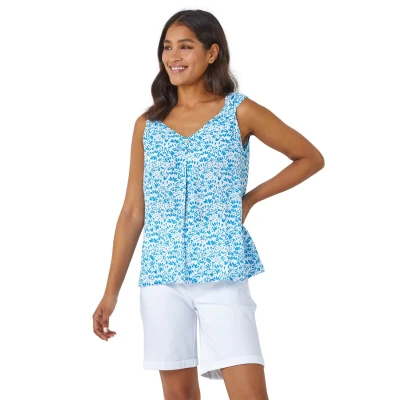 Image of Roman Originals Ditsy Print Pleat Front Cami Top for Women UK Ladies Everyday Holiday Spring Summer V Neckline Comfy Soft Evening Vacation Work Party Blue Size 14