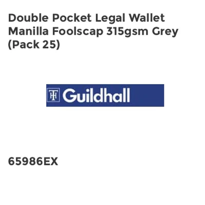 Image of Exacompta Ref 214 GRYZ Guildhall Double Pocket Legal Wallet, 315gsm Premium Quality Heavyweight Manilla, A4 &amp; Foolscap, Blue Angel Certified Grey, Pack of 25