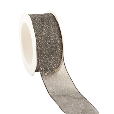 Image of Black Glitter organza ribbon with wire edge 38mm x 1 Metre cut from roll ideal for Christmas or decoration!