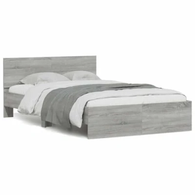 Image of vidaXL Double Bed Frame with Headboard &amp; LED Lighting Grey Sonoma, Engineered Wood, 135x190 cm, Bedroom Furniture