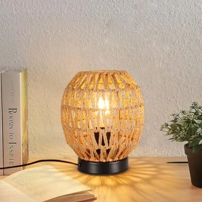 Image of Schindora Desk Lamp Vintage,E27 Rattan Table with Iron Base Boho Handmade Braided Lampshade Bedside Lamps Rustic for Living Room Dining