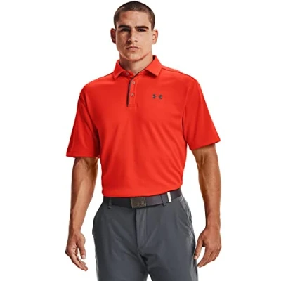 Image of Under Armour Men&#039;s Tech Golf Polo T Shirt, Phoenix Fire (296)/Pitch Gray, 3XL
