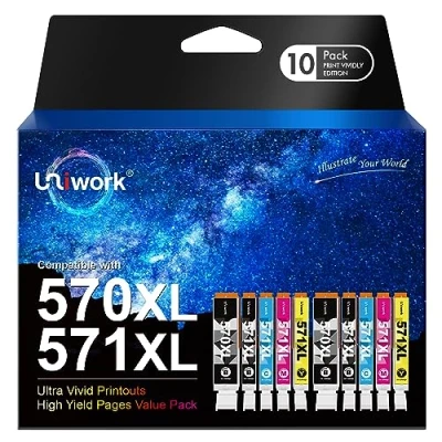 Image of Uniwork Compatible Ink Cartridge Replacement for Canon PGI 570XL CLI 571XL with PIXMA TS5050 TS5051 TS5055 MG5750 MG5751 MG5753 TS6050 TS6051 MG6850 (PGBK Black Cyan Magenta Yellow,10 Pack)