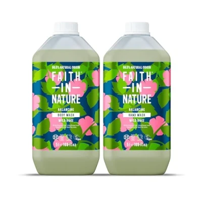Image of Faith In Nature Natural Wild Rose Hand Wash and Body Set, Vegan &amp; Cruelty Free, No SLS or Parabens, 2 x 5L Pack