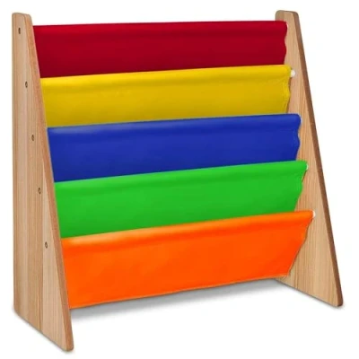 Image of Kids Bookshelf Book Storage 4 Tier Multicolour Bookcase Colourful Fabric Sling Shelves With Easy Access For Books Rainbow Colour Childrens Perfect Bedroom