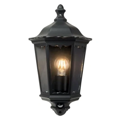 Image of firstchoicelighting Outoor Motion Sensor Activated Wall Light, Matt Black Clear Glass, IP44 Waterproof, LED Compatible, Half Lantern Porch Security Light