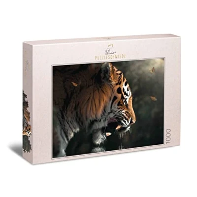 Image of Ulmer Puzzleschmiede Puzzle &quot;Eye in Eye&quot; Classic 1000 Pieces Made Germany with Artistic Animal Motif the Intrepid Butterfly Looks into Eyes of Mighty Tiger