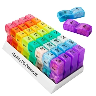 Image of Monthly Pill Box Organiser 2 Times A Day Am Pm Medicine with 32 Compartments 31 Organizer for Pills Medication Tablets