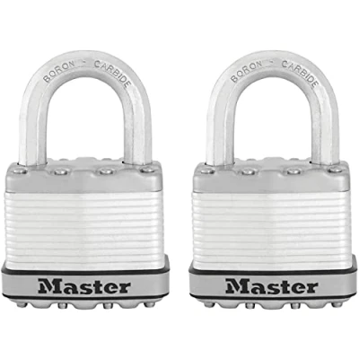 Image of MASTER LOCK Pack of 2 Very High Security Padlocks, level 9/10, Outdoor, Keyed, Laminated Steel, Weatherproof, Standard Shackle, Gray